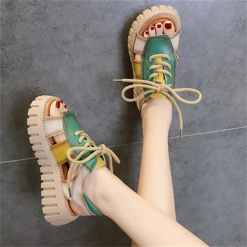 2024 New Lace-up Summer Fish Mouth Sandals Premium PU Spell Color Roman Shoes Woman Sandals Platform Wedges Increase Sandals
