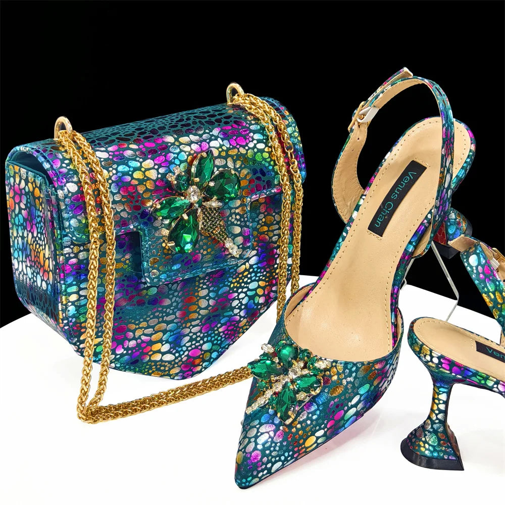 2024 Champagne Color Thin Heels Pointed Toe Crystal Design Ladies Shoes Matching Bag Set For Women Weeding Party Pump