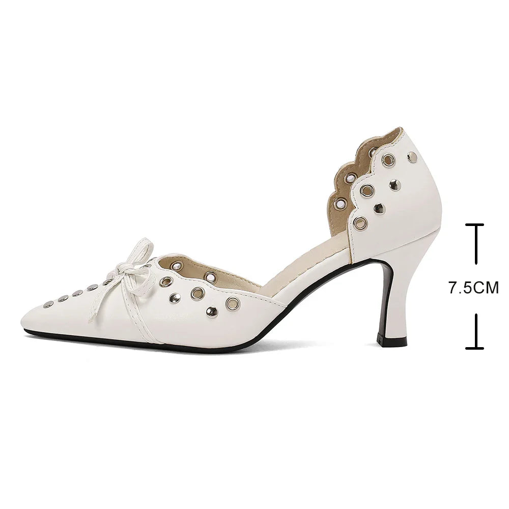 Summer Women Rivet Air Holes High Heel Sandals Commuter Design Pumps Cute Bow Heels Lady Fetish Sweet Wedding Pointy Shoes