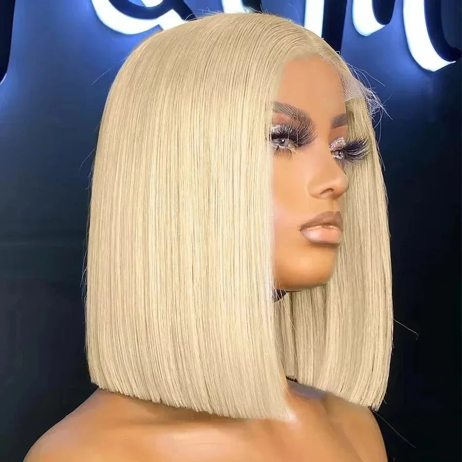 100% Vietnamese Super Double Drawn Bone Straight 13x4 Frontal Bob Wig with Human Hair 613Honey Blond 210%Density For Black Women