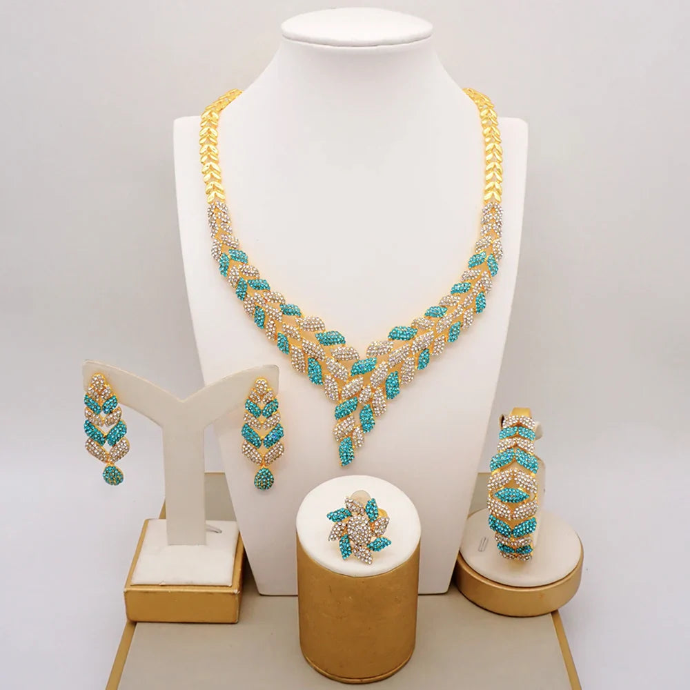 Latest Italian Dubai Gold Color Ladies Full Crystal Necklace Jewelry Set Simple Ring Bracelet Earrings African Jewelry Wedding