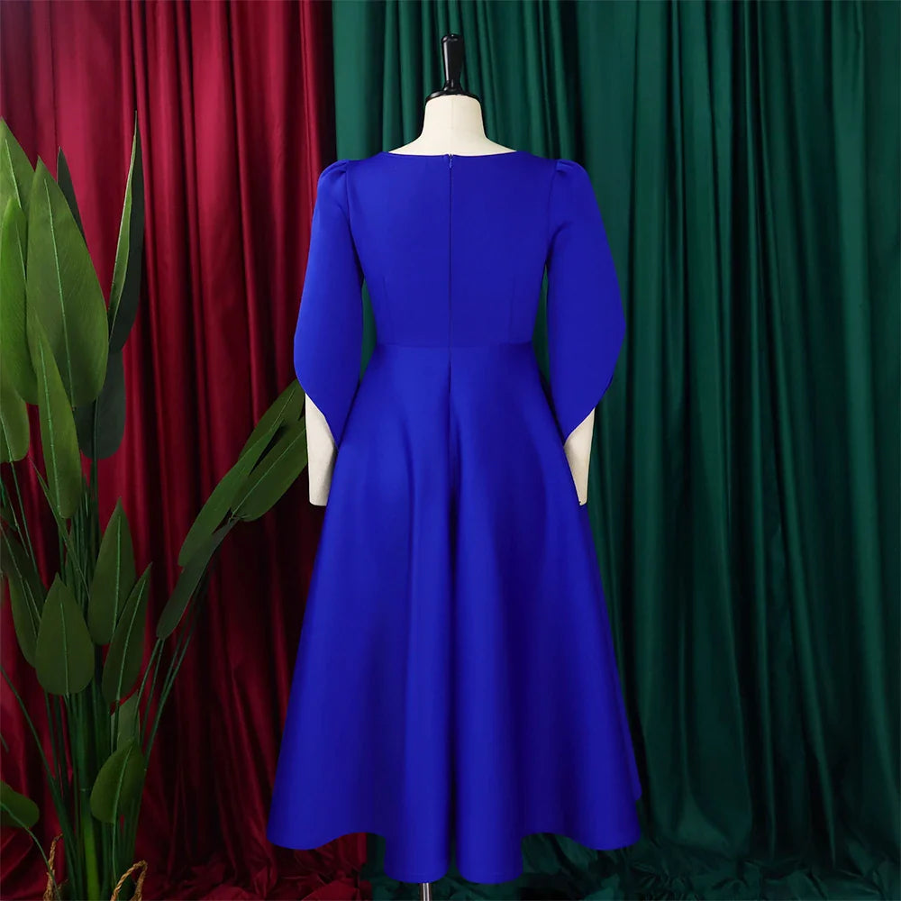 Elegant Dress Woman 2024 Wedding Party Round Neck Half Sleeve High Waisted Pleated Mid Calf Luxury Birthday Dinner Vestidos Robe