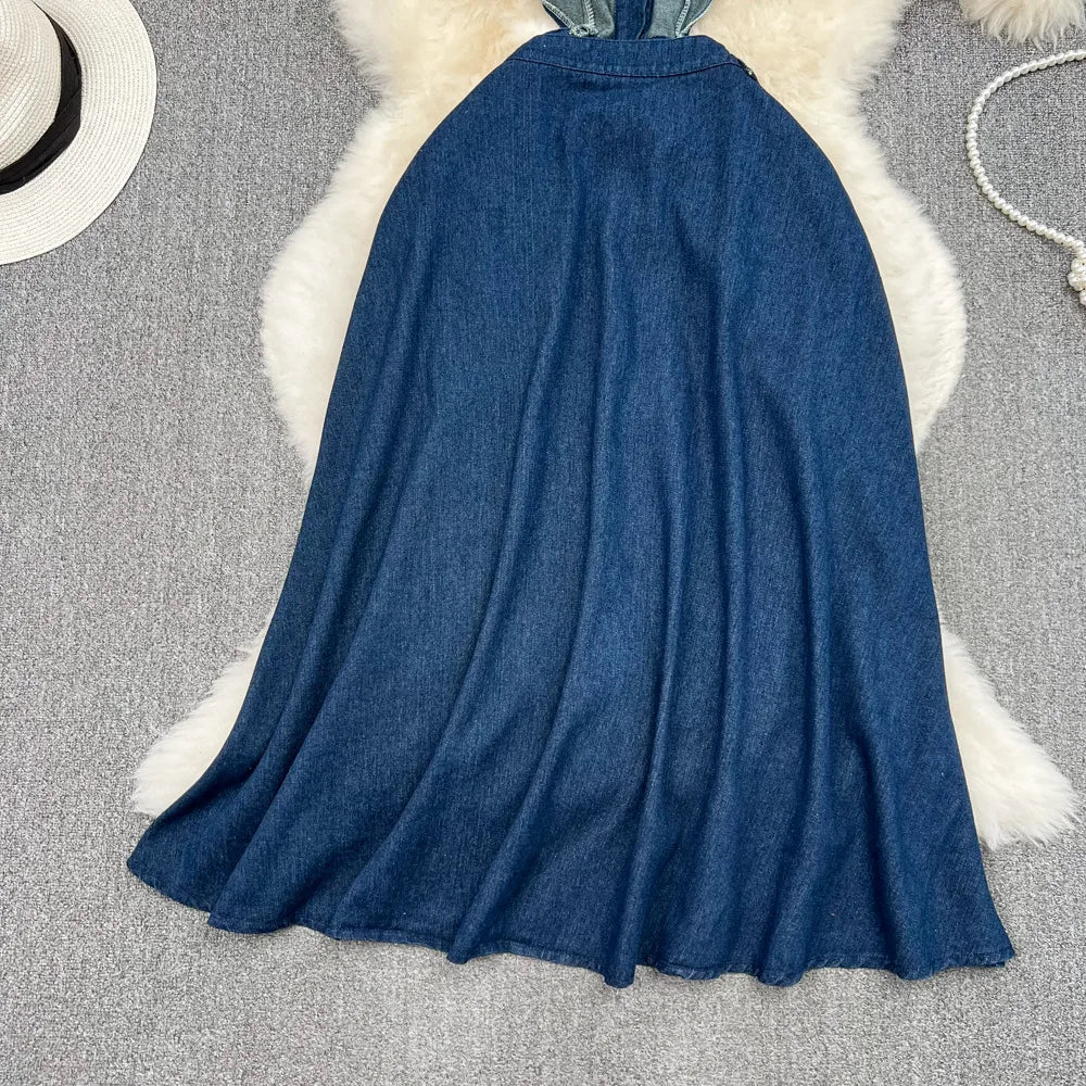 Denim Dress Women Long Dresses Turn Down Collar Sleeveless Party Club Hollow Out Jeans High Waist Slim Single Breasted Vestidos