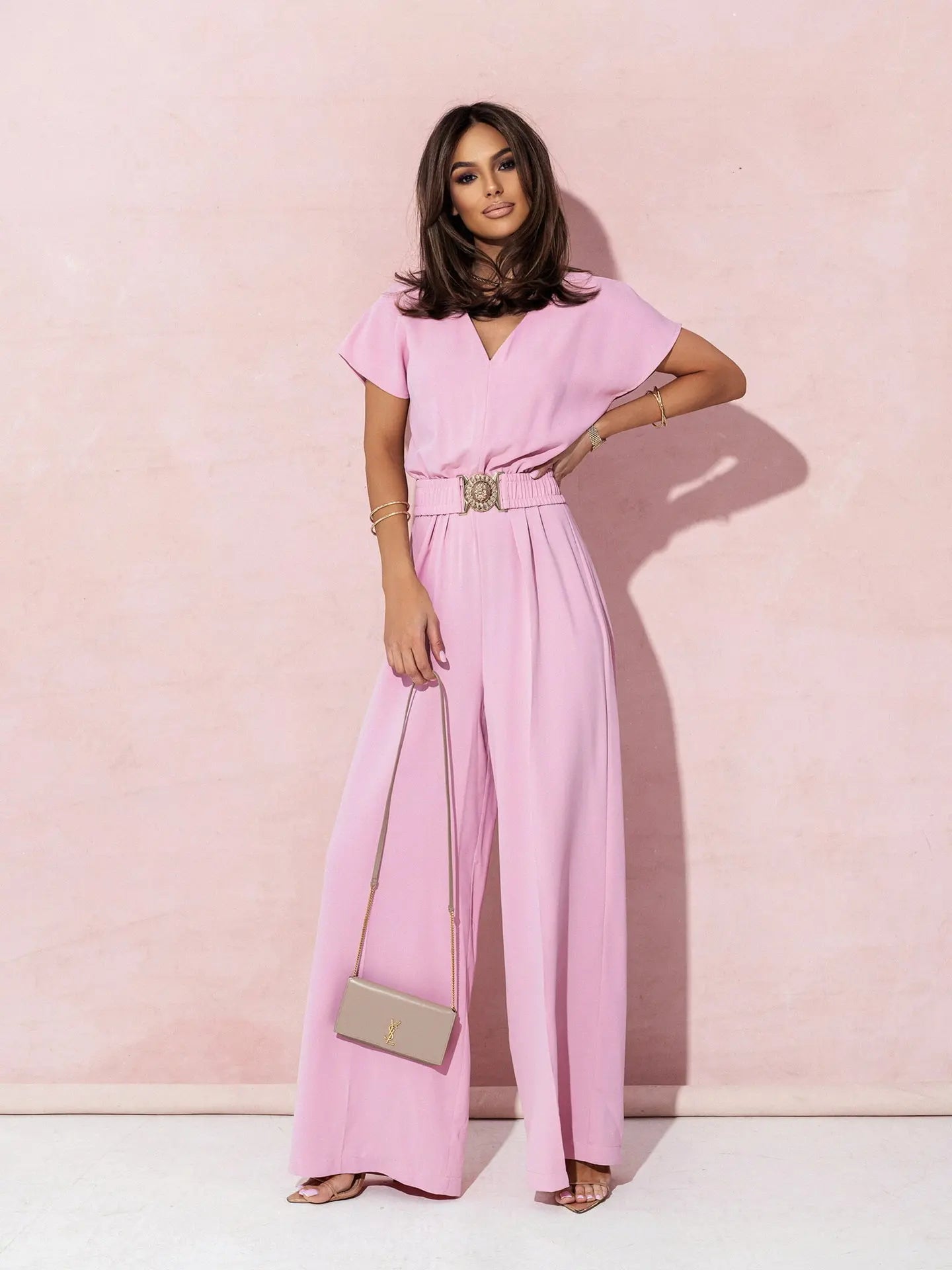 Fashion V-neck Short Sleeve High Waist Jumpsuit Women 2024 Summer Solid Wide Leg Elegant Romper Vintage Jumpsuits Overalls Women
