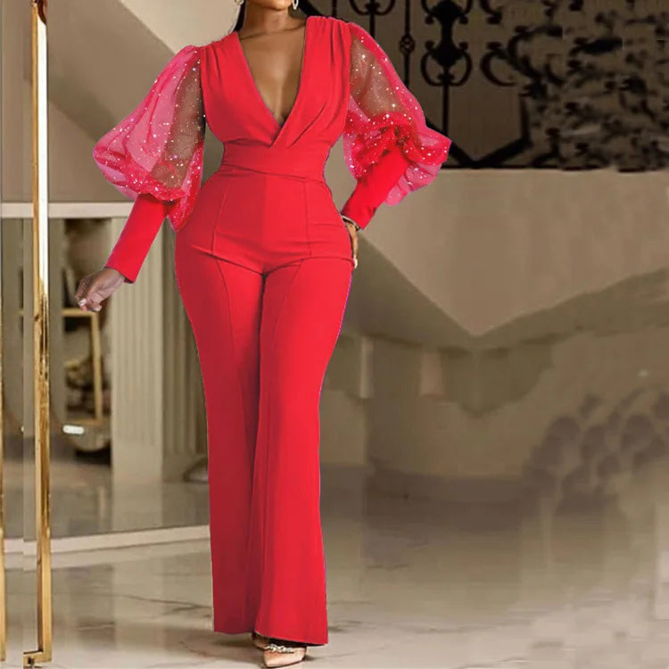 Ladies Elegant Office Jumpsuit Romper For Women 2023 High Waist Wedding Overalls Sequins Bodycon Long Sleeve Party Jumpsuit Club