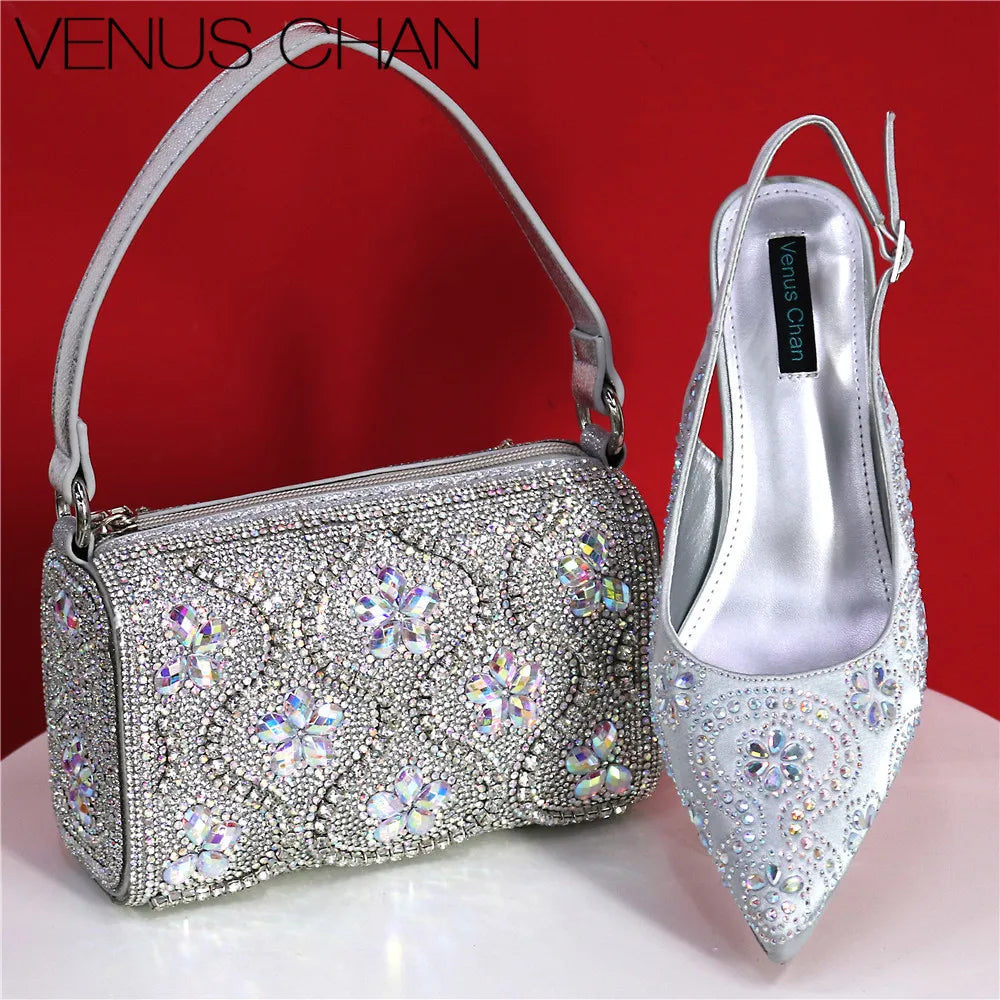 Elegant And Sexy Fuchsia Color High Heels Shoes And Bag With Rhinestone Embellished Toe Is Comfortable Women's Shoes For Party