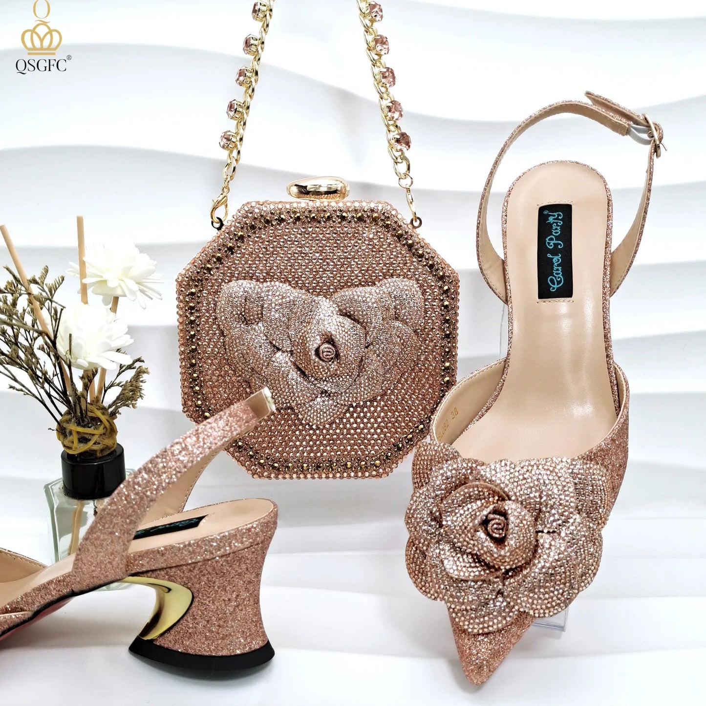 QSGFC Evening Shoes And Bags Set With Full Diamond Handmade Petal Clutches Pointed Toe Mid-Heel Women Shoes