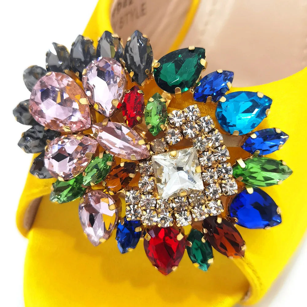 2022 Yellow Color Luxury Rhinestone Heel Fashion Party Women's High Heels Elegant Evening Sandals Wedding Bags and Shoes with