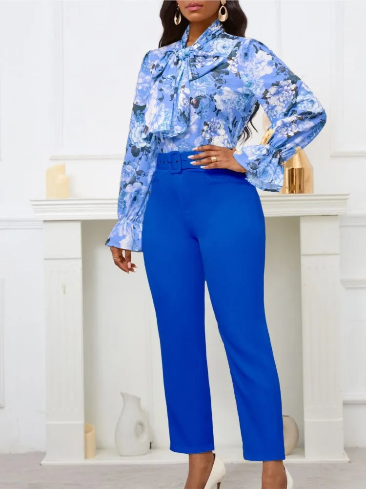 Fashion Print Two Piece Set Women Office Suits Tie Bow Neck Button Shirt + Belt Pencil Pants Elegant Slim Lady Sets Casual shirt