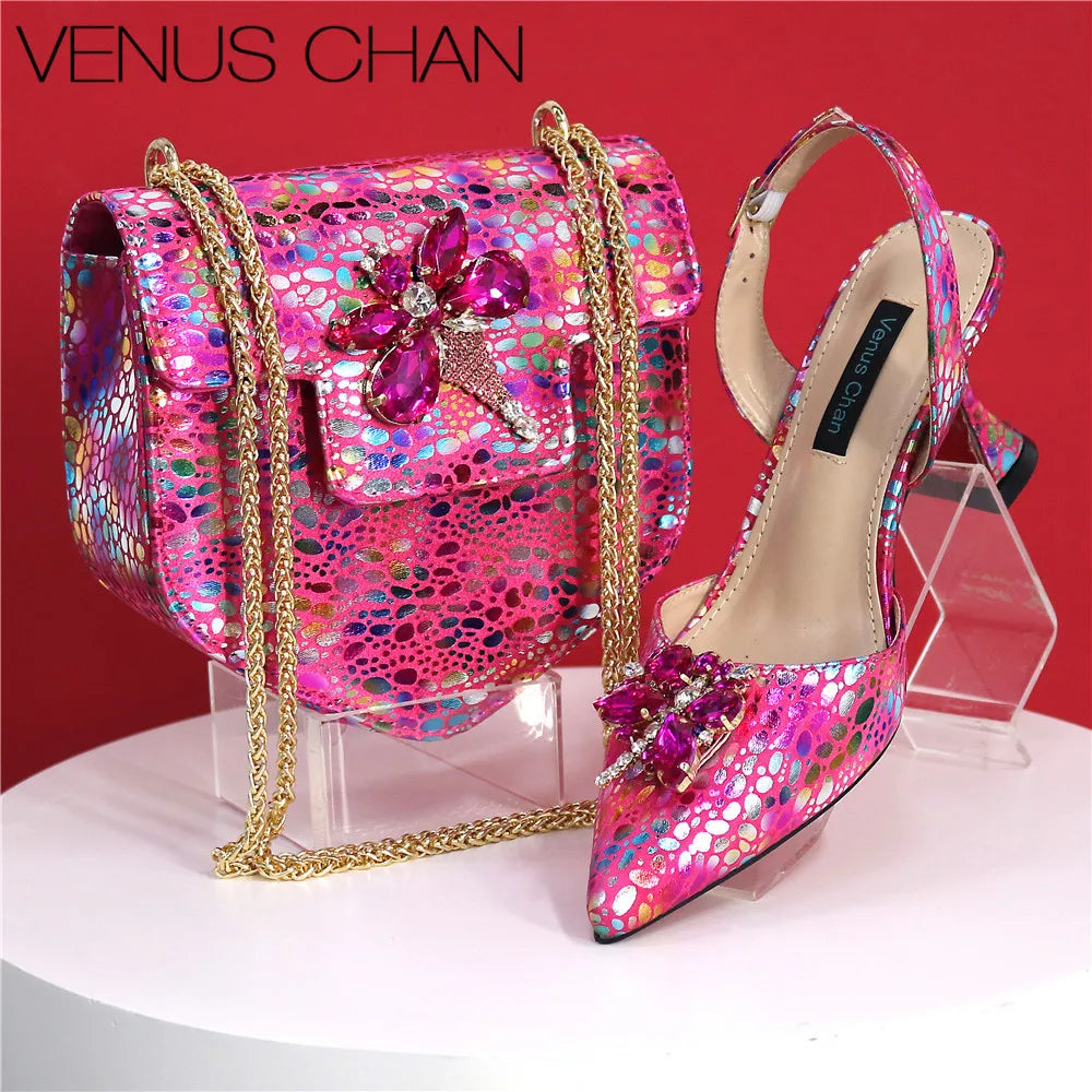 2025 New Yellow Color Thin Heels Pointed Toe Crystal Design Ladies Shoes Matching Bag Set For Women Weeding Party Pump