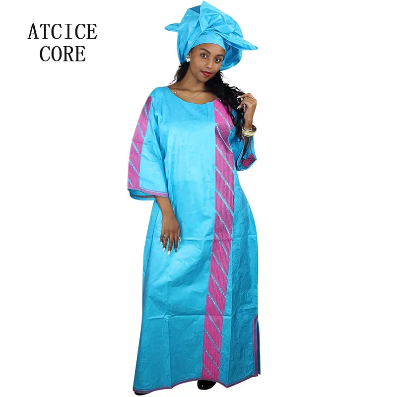 African Bazin Riche Embroidery  For Women Long Dress With Scarf