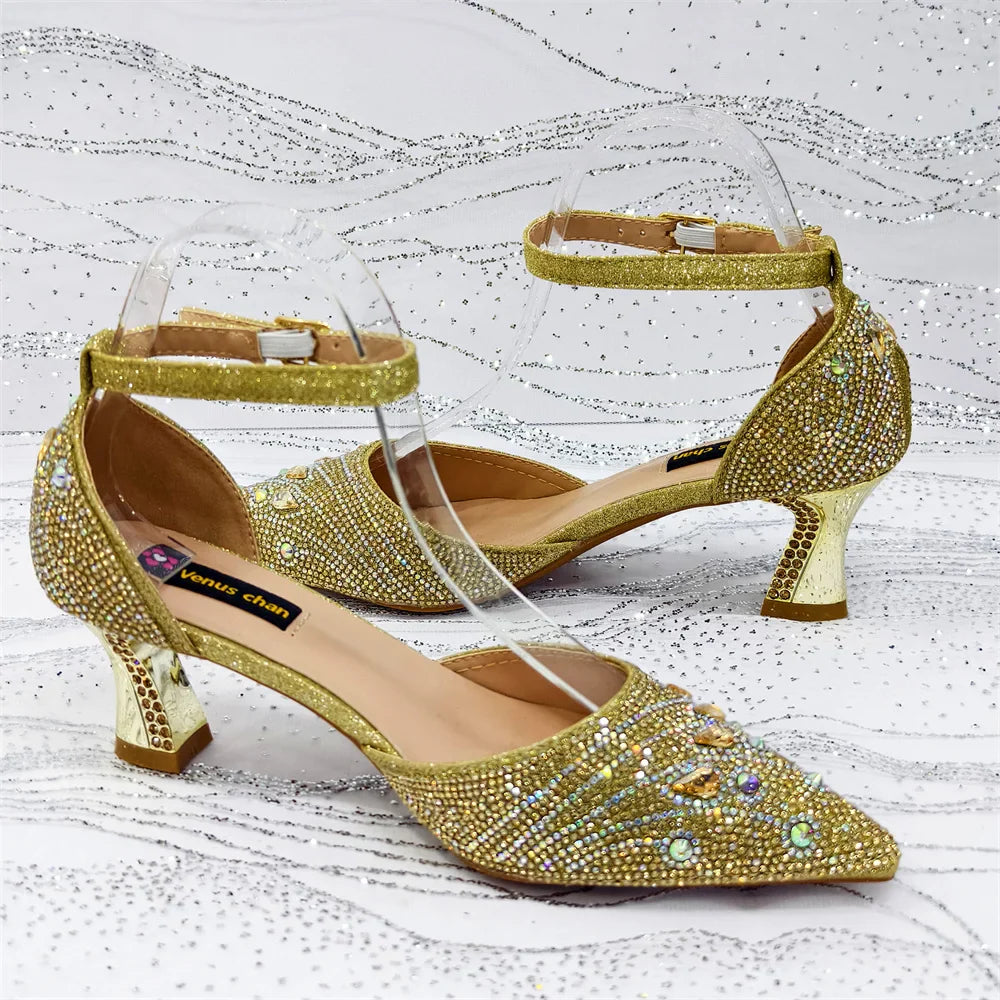 Women's Elegant Rhinestone Pointed Toe Pumps With Matching Shoes And Bag Set