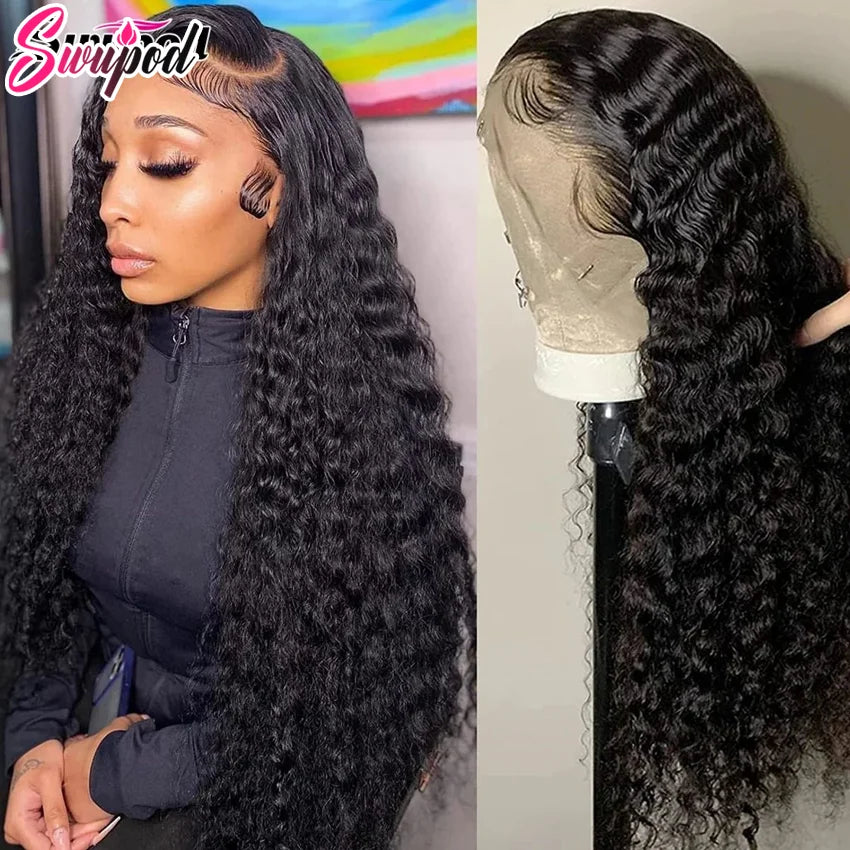 200 Density 13x4 13x6 HD Transparent Swiss Deep Wave Lace Frontal Front Wig for Women Remy Human Hair Natural Black