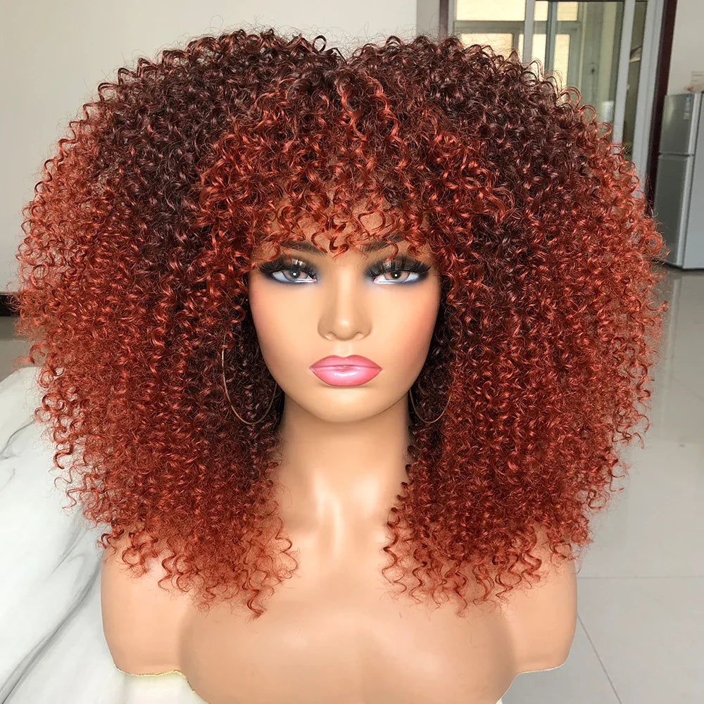 Curly Afro Wigs for Black Women Short Curly Wig with Bangs Kinky Curls Curly Hair Synthetic Wigs for African American Women
