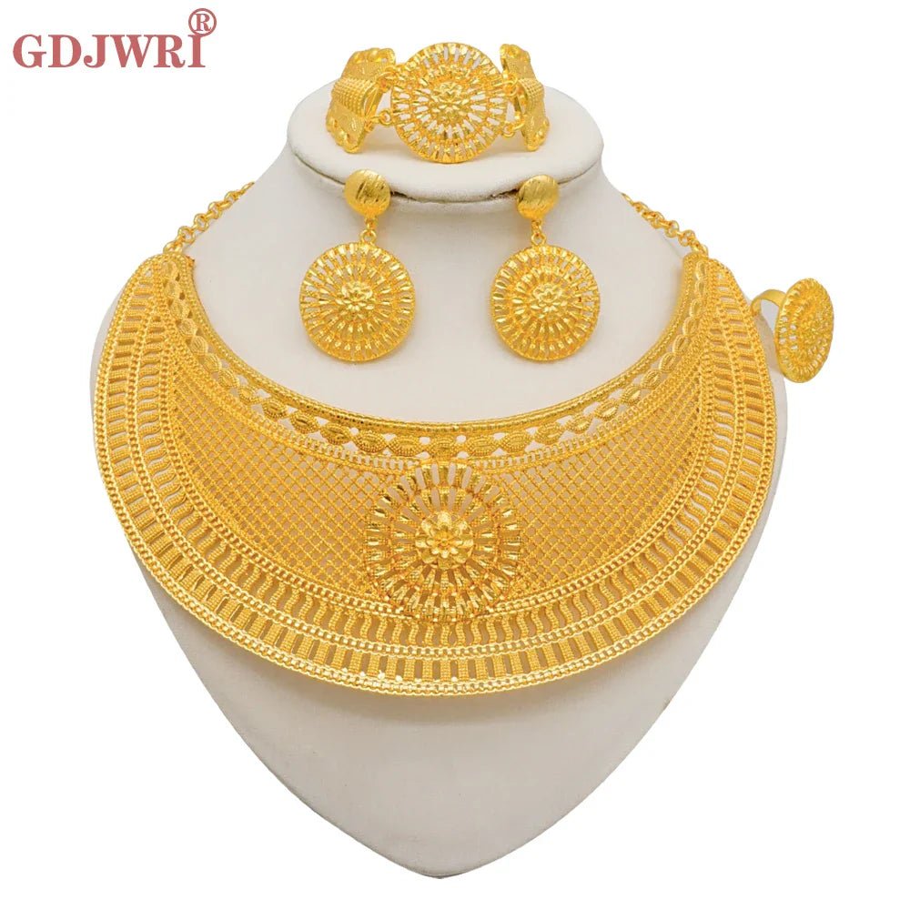 Indian Dubai Gold Color Jewelry Sets For Women Earring & Necklace Nigeria Moroccan Bridal Wedding Party Gifts