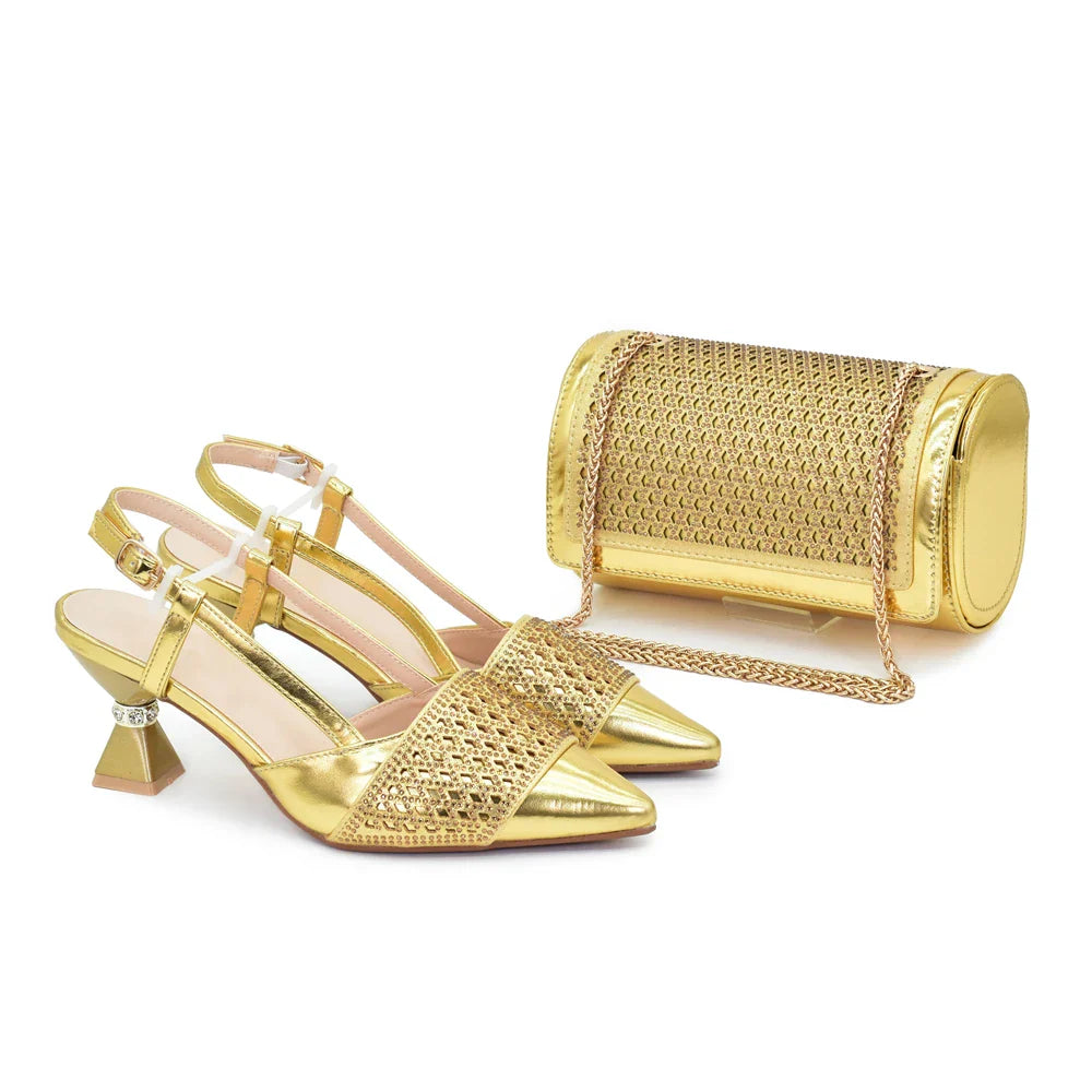 Matching Italian Shoe and Bag Decorated with Rhinestone for Women