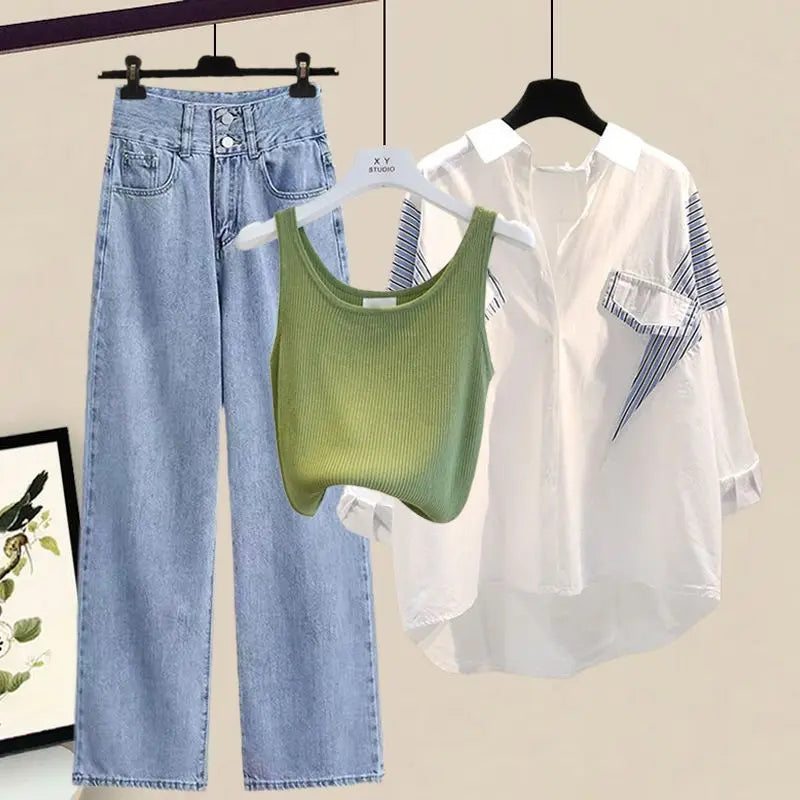 2025 Women Spring Summer New Striped Long Sleeve Shirt+Vest+Jeans 3-Piece Suit Korean Elegant Cardigan Denim Pants Matching Set