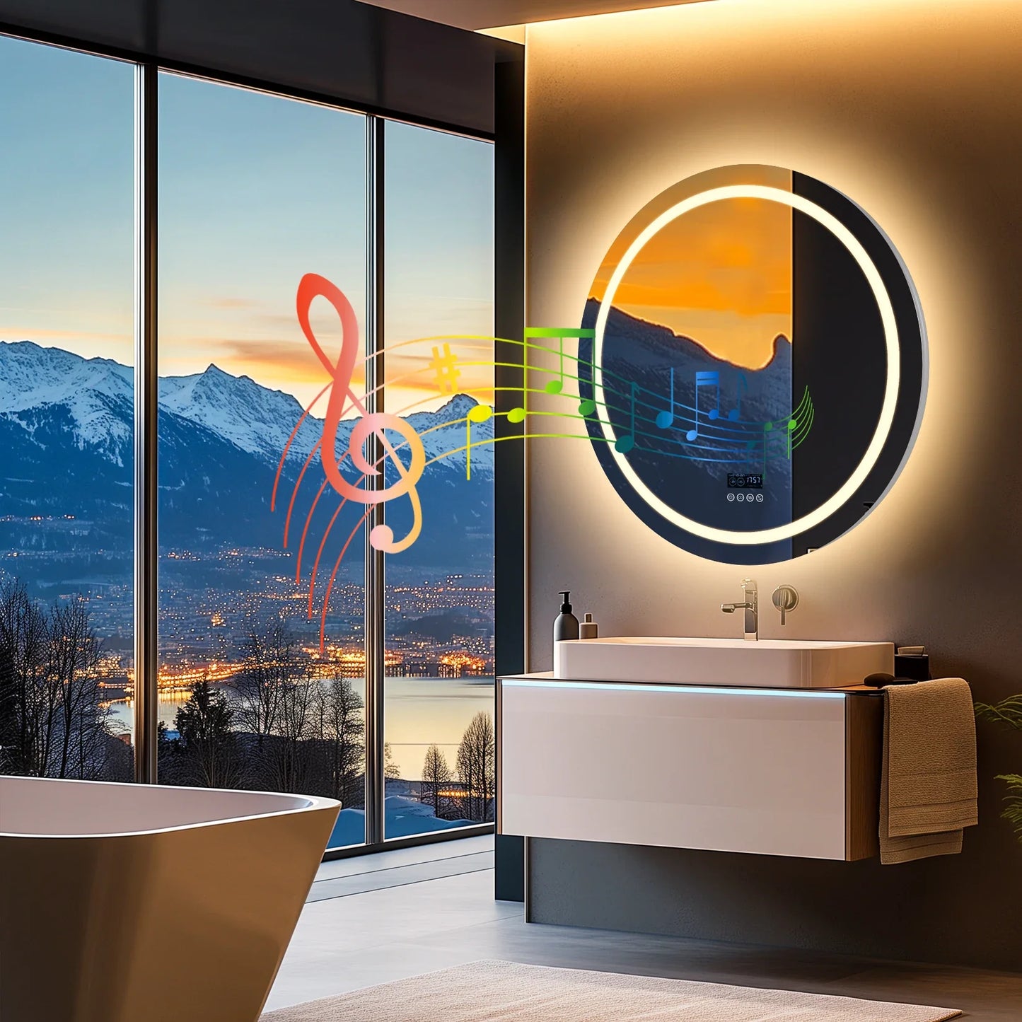 Dual Lighted Bluetooth Music LED Bathroom Mirror Touch Antifog Wall Vanity Mirror 3 Colors Adjustable Round/Square