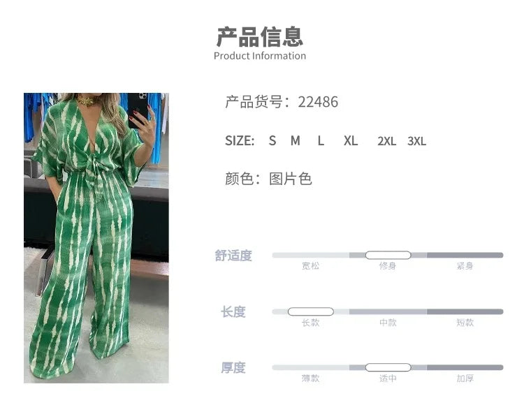 Fashon V-neck Bandhnu Wide Leg Jumpsuits For Women 2024 Summer Causal High Waist Elegant Lace Up Jumpsuit Women