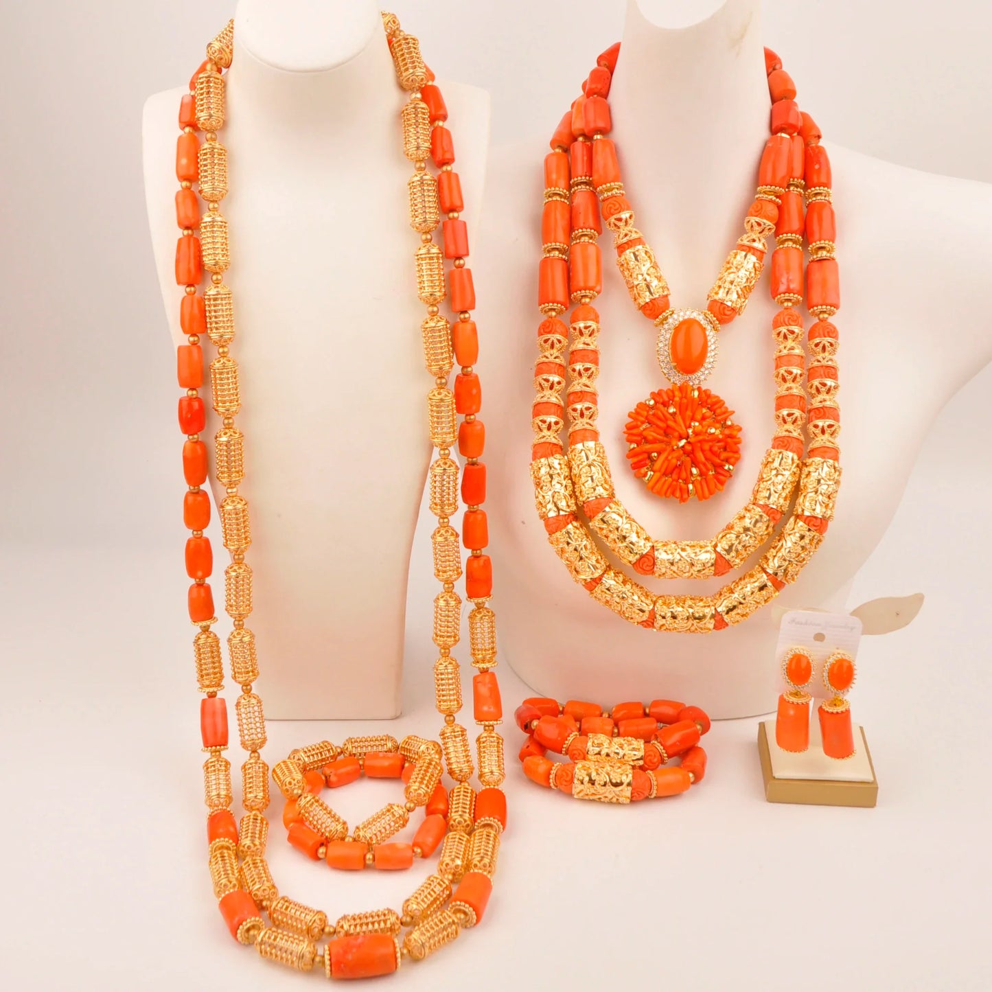 Natural coral beads orange necklace set for stylish Nigerian wedding couple African jewelry