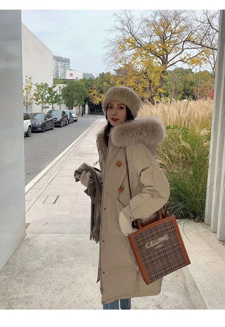 Women's Large Fur Collar Hooded Warm Thick Padded Parka Jacket