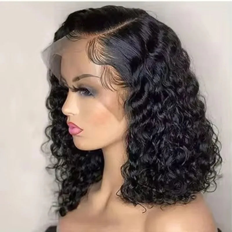 Natural Black Color Short Bob Cut 13X4  Lace Frontal Synthetic Wig For Women Deep Curly Preplucked With Baby Hair Cosplay Daily