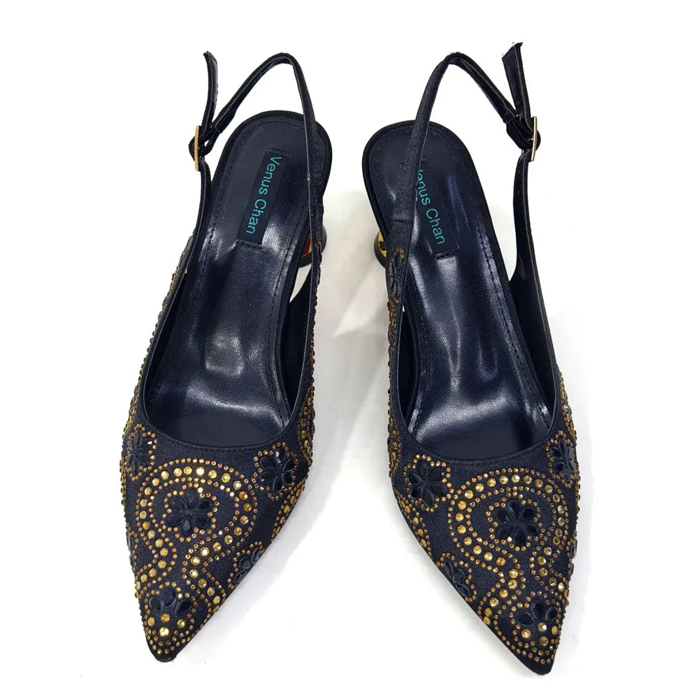 Elegant And Sexy Fuchsia Color High Heels Shoes And Bag With Rhinestone Embellished Toe Is Comfortable Women's Shoes For Party