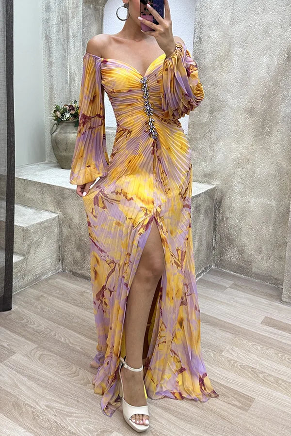 Women Floral Lantern Long Sleeve Dress Elegant Rhinestone Off Shoulder Maxi Dresses Sexy Deep V-neck  Waist Split Parties Dress