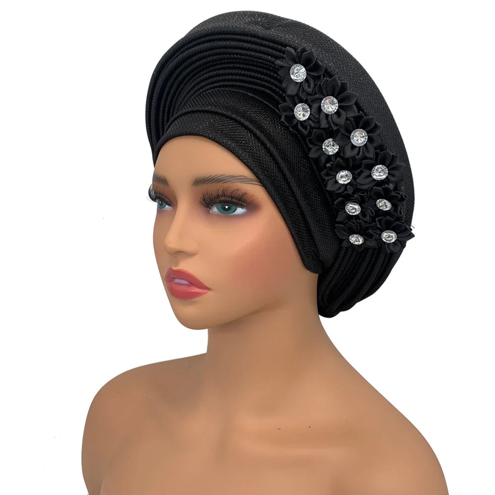 2024 New African Headtie Turban Nigeria Head Ties with Flowers Already Made Auto Gele Women Head Wraps for Wedding Party