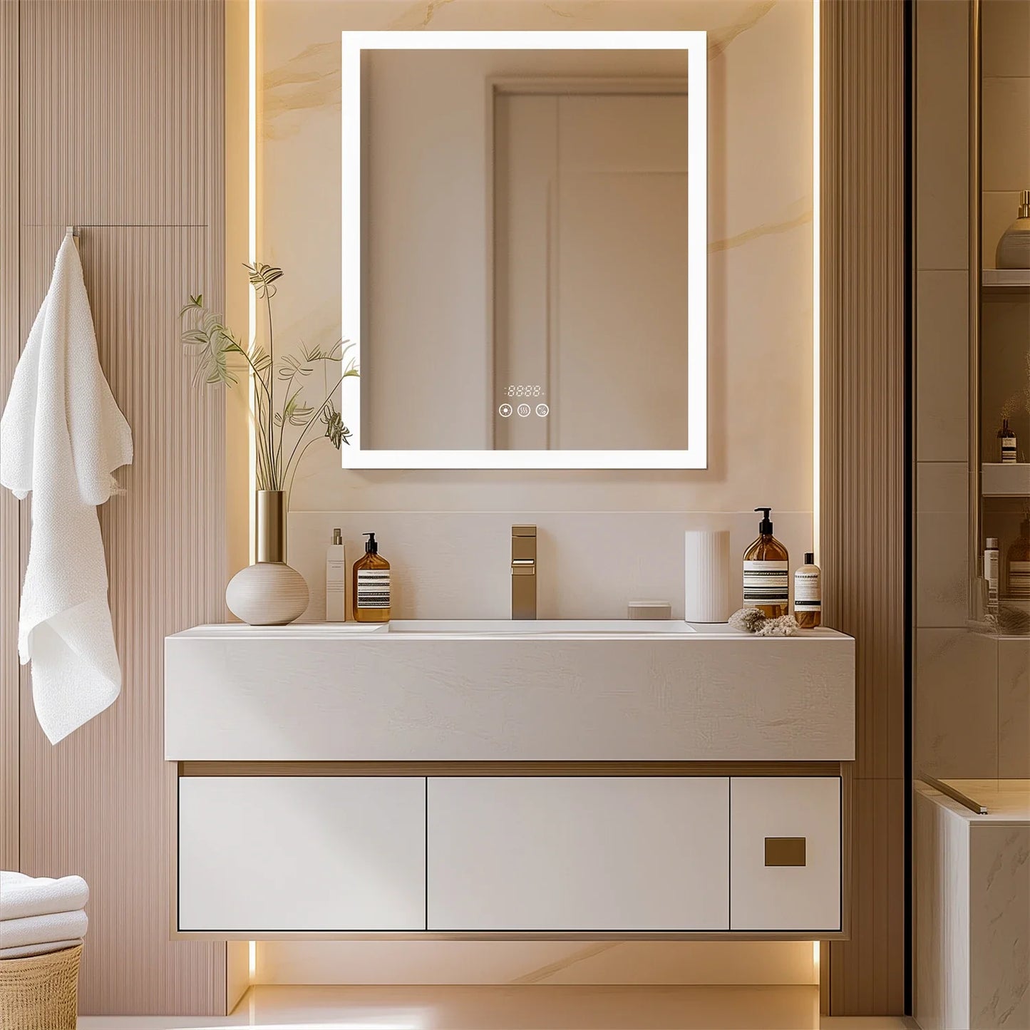 60/70CM Illuminated LED Wall Mirrored Bathroom Storage Medicine Cabinet with Shaver Socket, Bluetooth Speaker Anti-Fog