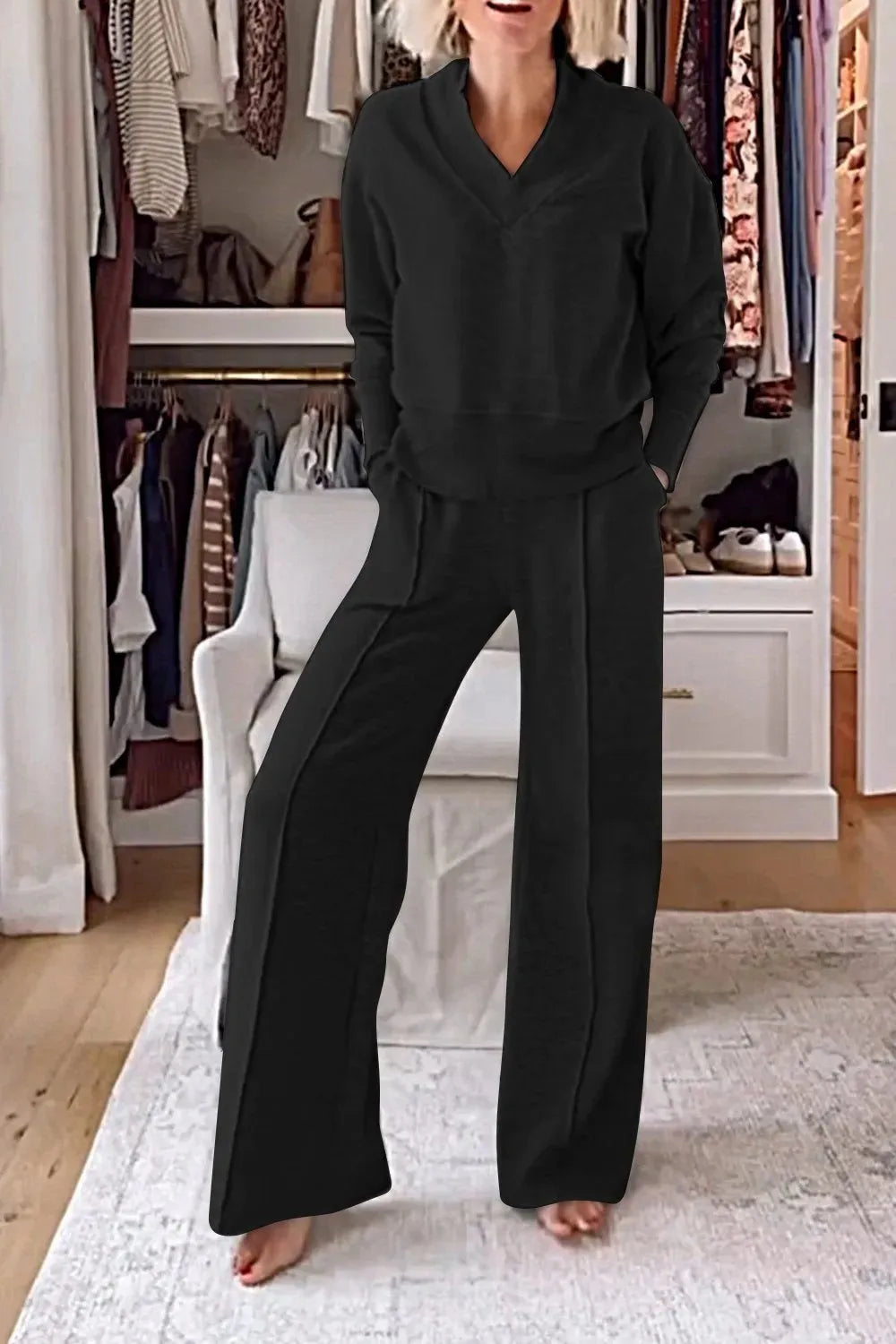 Autumn Winter Casual V-neck Long Sleeve Sweatshirt Wide Leg Pant Sets Women Solid Loose Pocket Trousers Sports 2-pieces Sets