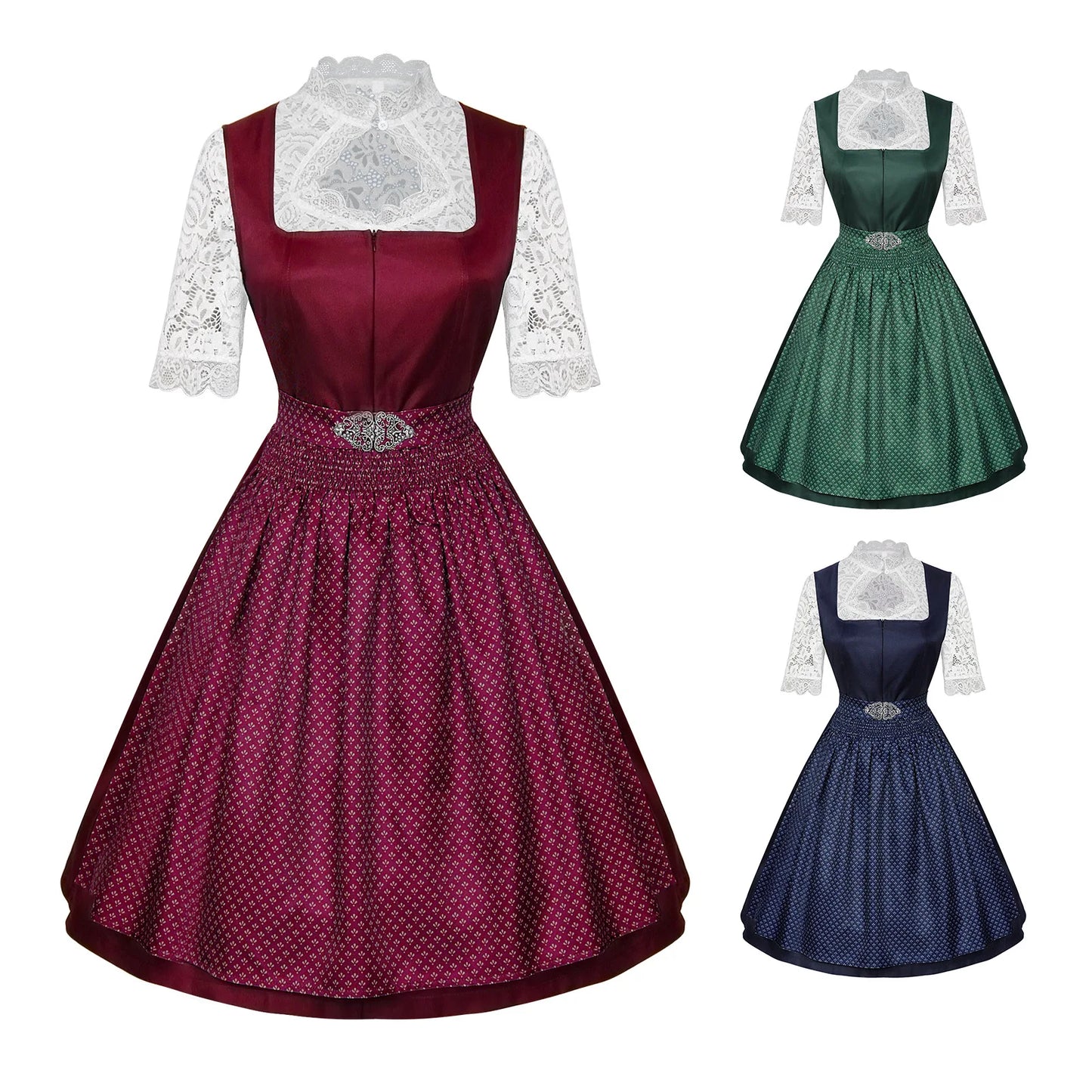 Women’s Elegant Dirndl Dress Set – Oktoberfest Bavarian Costume with Lace Blouse & Patterned Apron