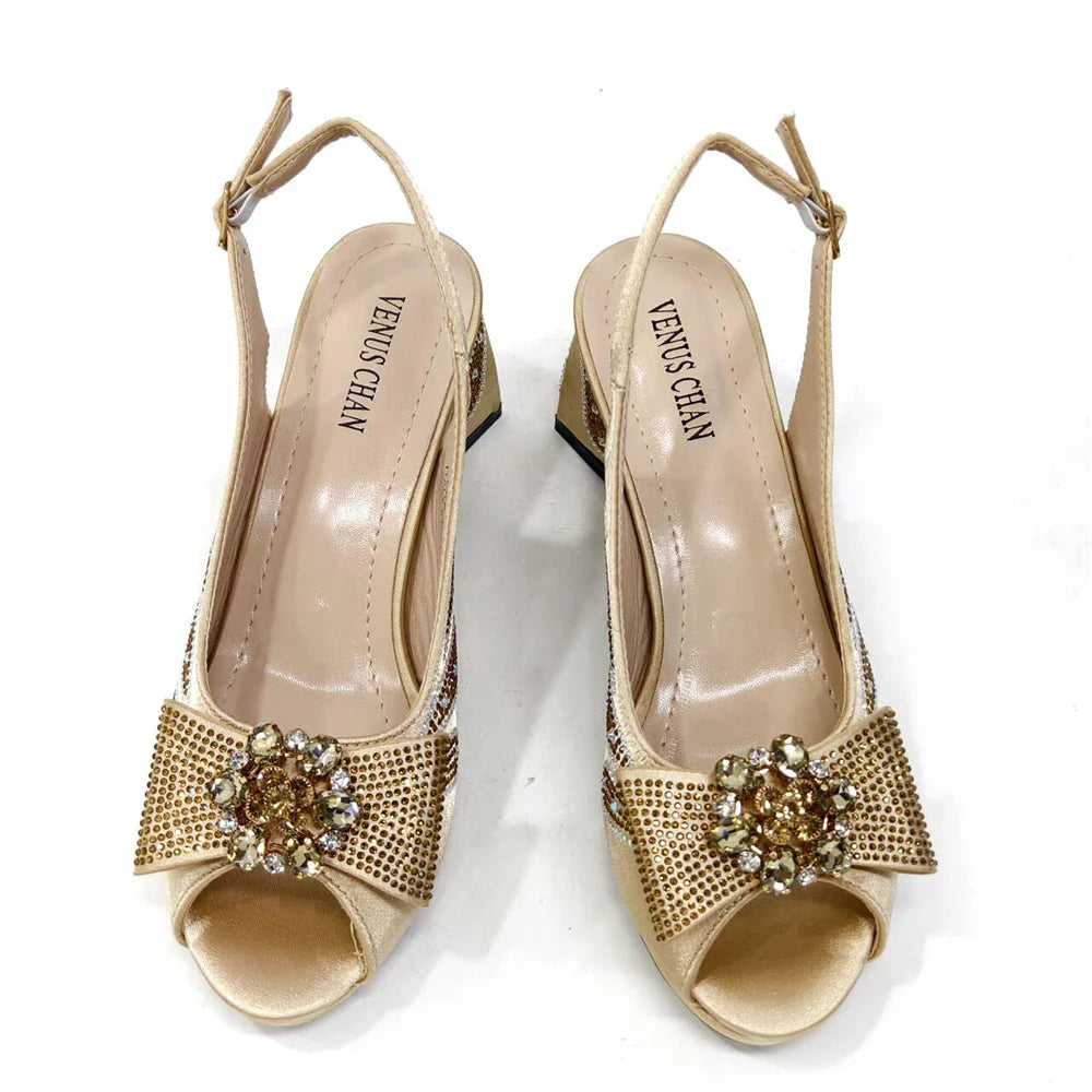 Venus Chan-Italian Shoes and Bags Matching Set for Women Bow Rhinestones Peep Toe High Heels Purple Color Nigerian Party 2024