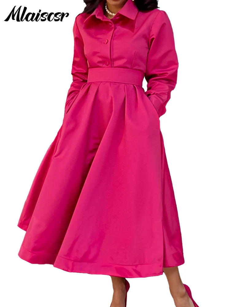 Mlaiscsr Lapel Button A Lint Khaki Mid Dress Women Elegant Office Long Sleeve Bandage Pocket Pleated Birthday Commuter Vestidos