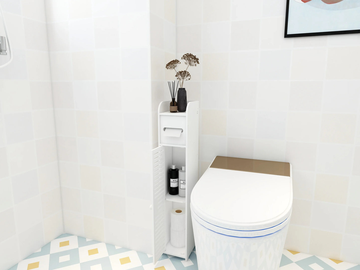 3 Tier Bathroom Floor Cabinet Free-Standing Toilet Roll Holder Narrow Bathroom Storage Cabinet, for Bathroom,Living Room&Hallway