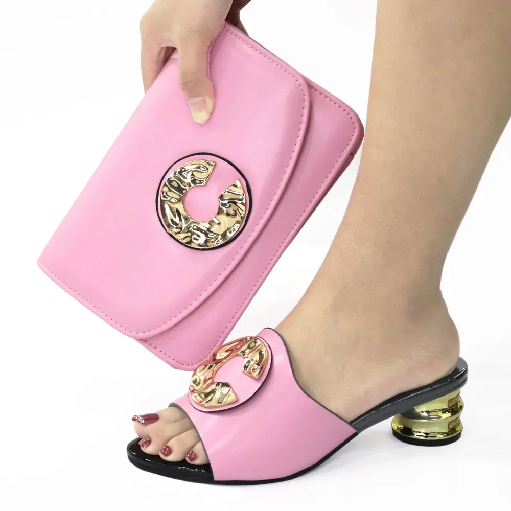 2024 Latest Italian Design Fashion African Women's Low Heel Comfortable Shoes and Bags Set Leather Casual Ladies Slippers
