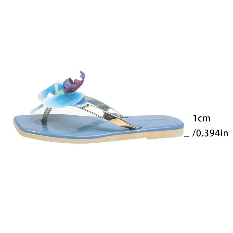 New Flip Flops Women's Slippers 2025 Summer Square Toe Flat Sandals Outdoor Casual Slippers Women Fashion Flowers Shoes Ladies