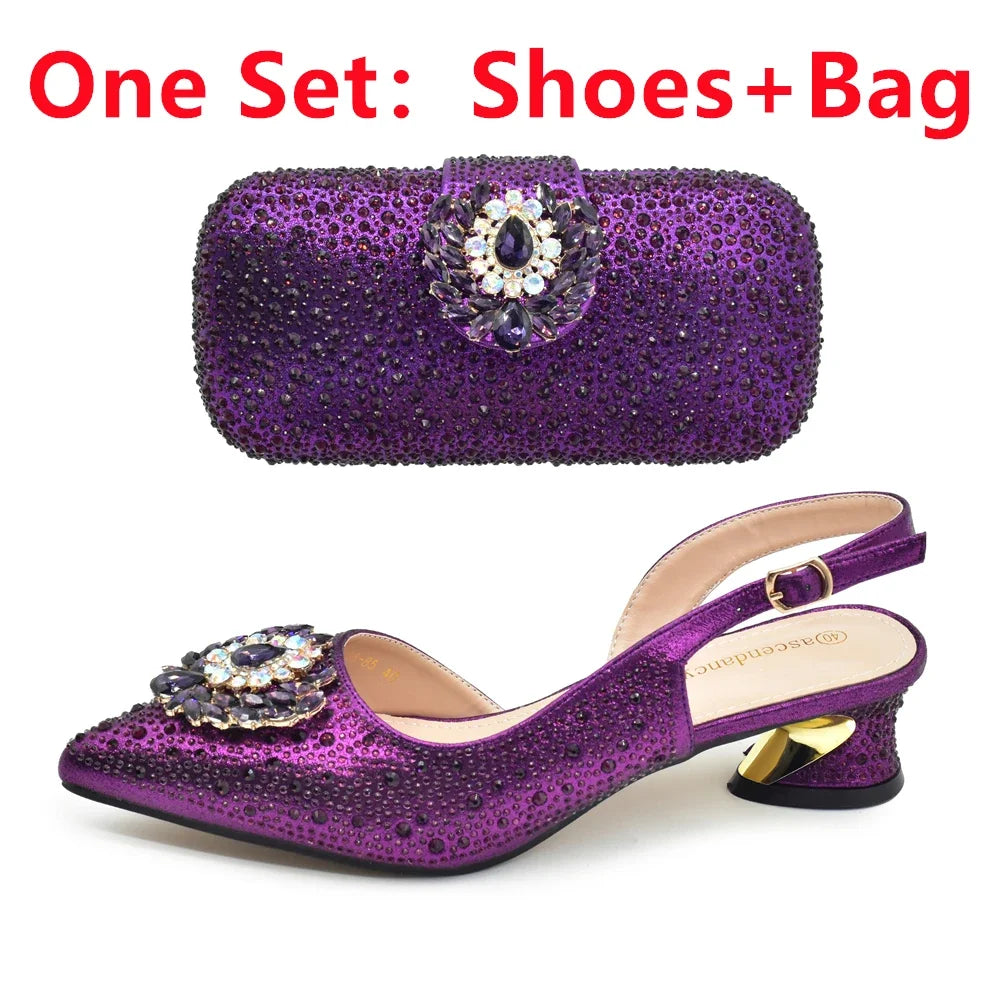 Elegant Italian Women's Rhinstone Pumps Heels Shoes and Bag Set To Match for Weddings and Party