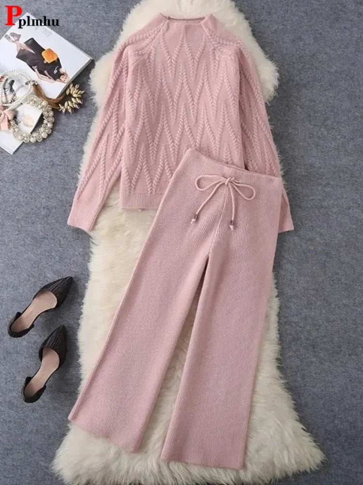 Winter Fall Knit 2 Piece Sets Half High Collar Warm Sweater Outfit Wide Leg Loose Pant Suits Solid Color Soft Korean Tracksuit