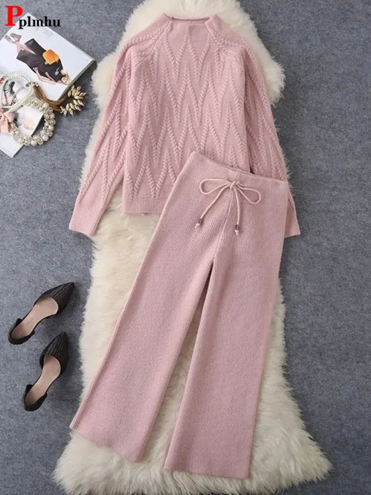Winter Fall Knit 2 Piece Sets Half High Collar Warm Sweater Outfit Wide Leg Loose Pant Suits Solid Color Soft Korean Tracksuit