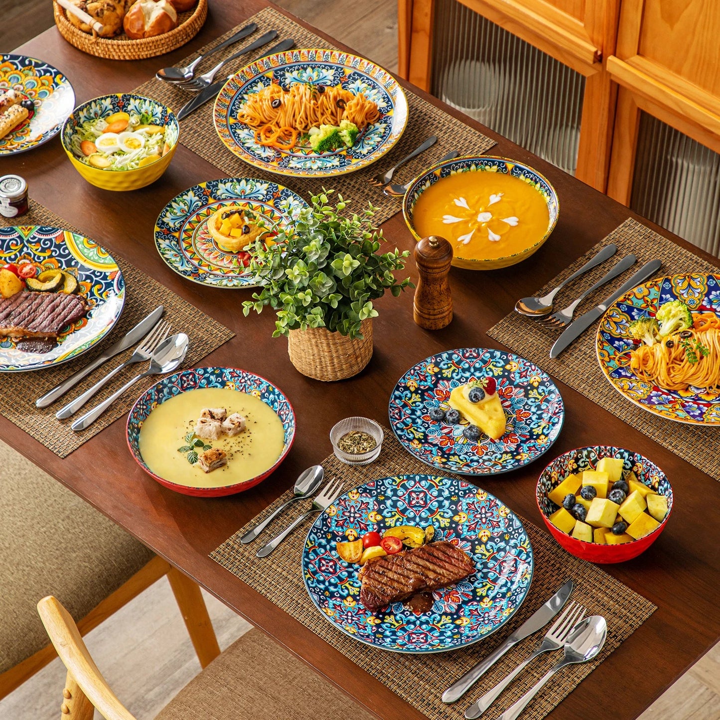 vancasso 12/16/18/24 Piece Ceramic Dinnerware Set Stoneware Bohemian Style with Dinner/Dessert Plate/Cereal/Pasta Bowl For 6