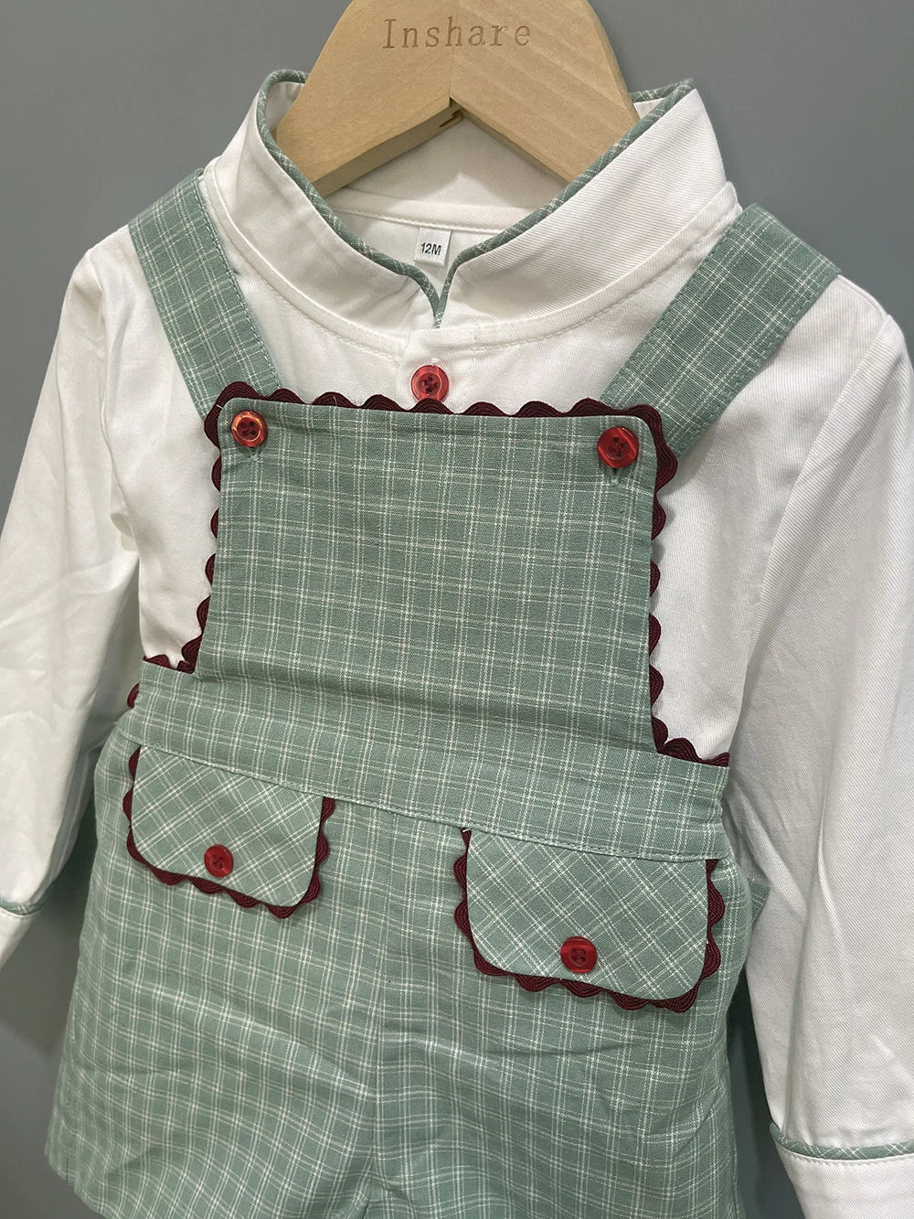 Children's Boutique Clothing Autumn Toddler Boys Cotton Long Sleeve Set White Shirt Green Plaid Bib Pants British Style