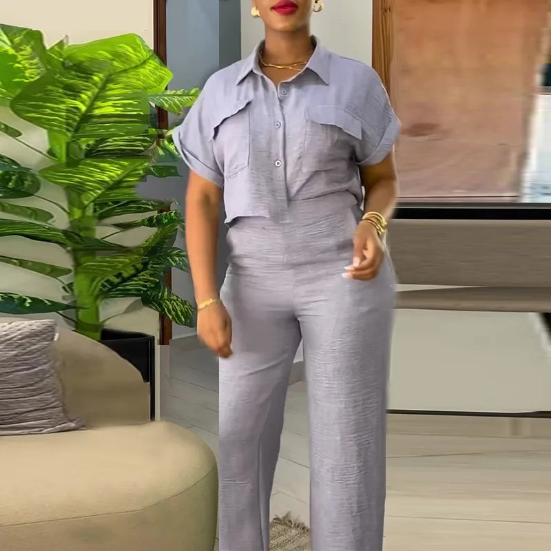 Casual Women's Solid Two Piece Sets Spring Summer Turn-down Neck Short Sleeve Loose Top & Wide Leg Pants Set Streetwear Outfits