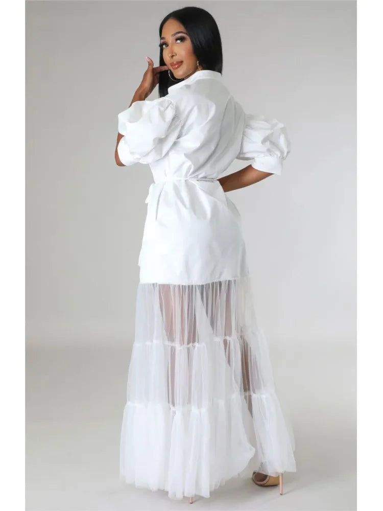 Fashionable White Lace Shirt Short Sleeve Dresses For Women'S Summer New Elegant Lace-up Pocket Lace Shirt Long Dress Female