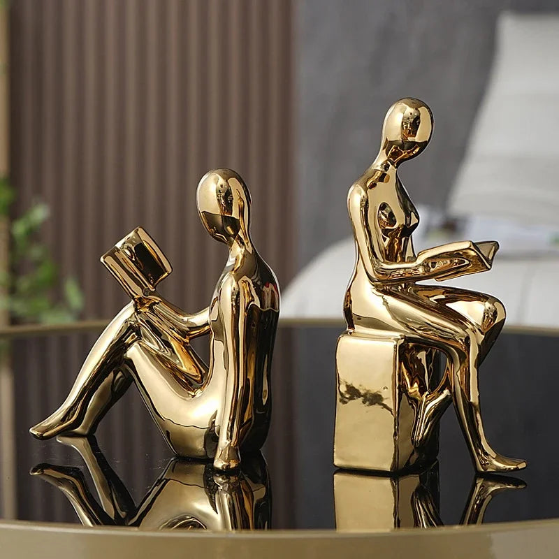 Modern Ceramic Reading Couple Bookends – Gold or Silver Abstract Sculptures (Set of 2)