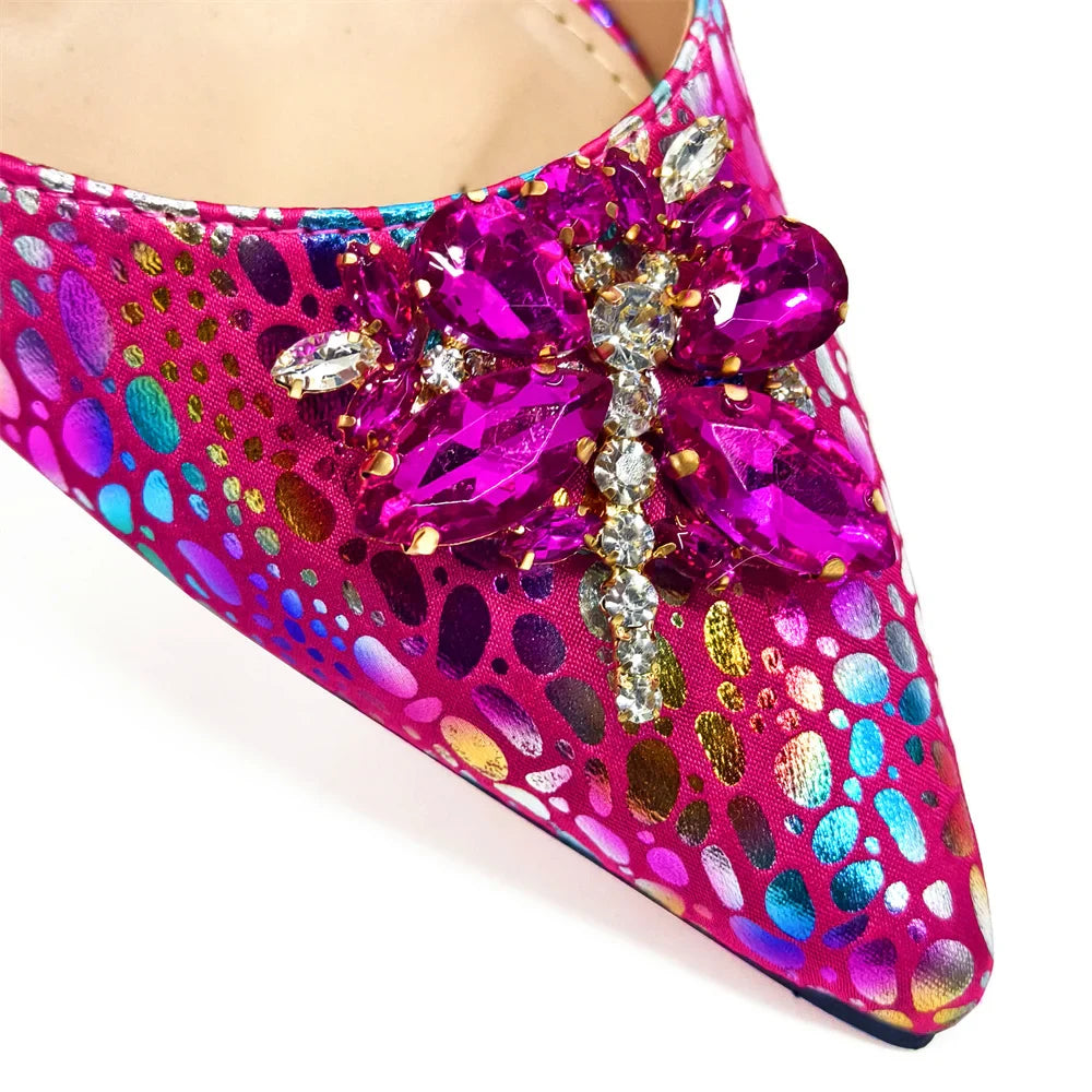 2024 Champagne Color Thin Heels Pointed Toe Crystal Design Ladies Shoes Matching Bag Set For Women Weeding Party Pump