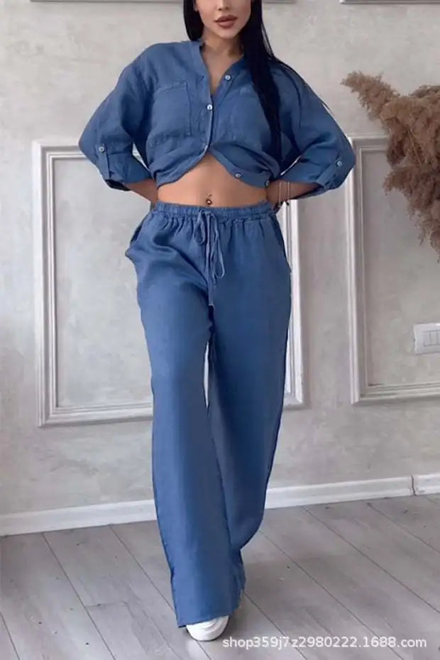 Women's Fashion Set Casual Long Sleeve Pocket Shirts + Loose Wide Leg Pants 2 Piece Set For Women Spring Autumn Women Clothes