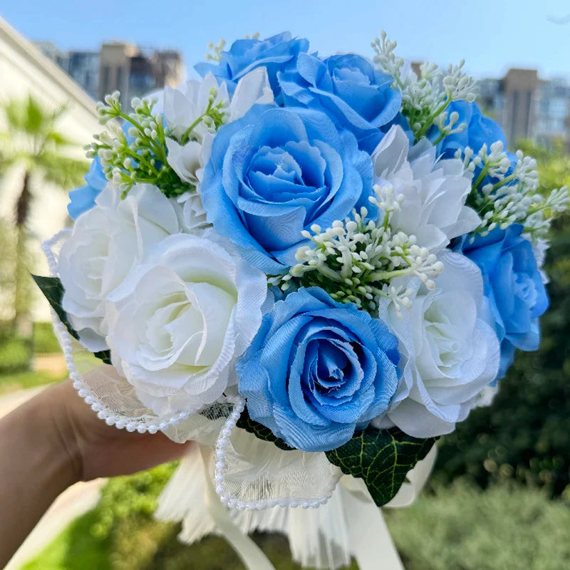 Wedding Bouquets for Bride Babysbreath Rose Bridesmaid Bouquets Silk Ribbon Valentine's Day Decoration Pearl Lace Mesh Ball Gift