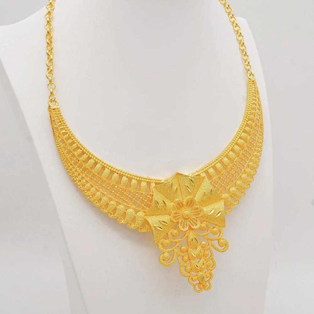 Indian Dubai Gold Color Jewelry Sets For Women Earring & Necklace Nigeria Moroccan Bridal Wedding Party Gifts