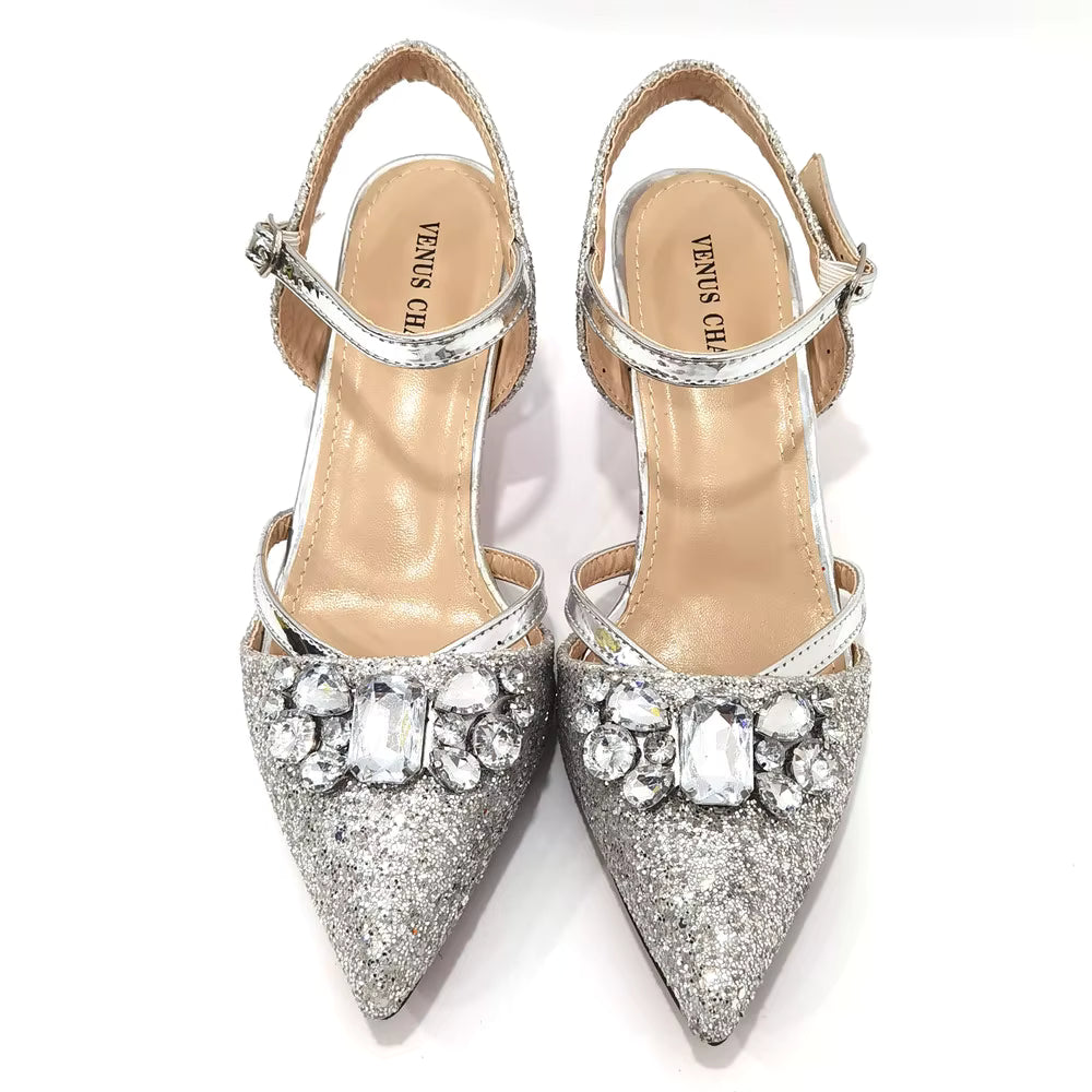 Women's Italian Fashion Peep Toe Pump Shoes with Matching Bag Set for Wedding And Party Med Heel Bling Embellished Mary Janes
